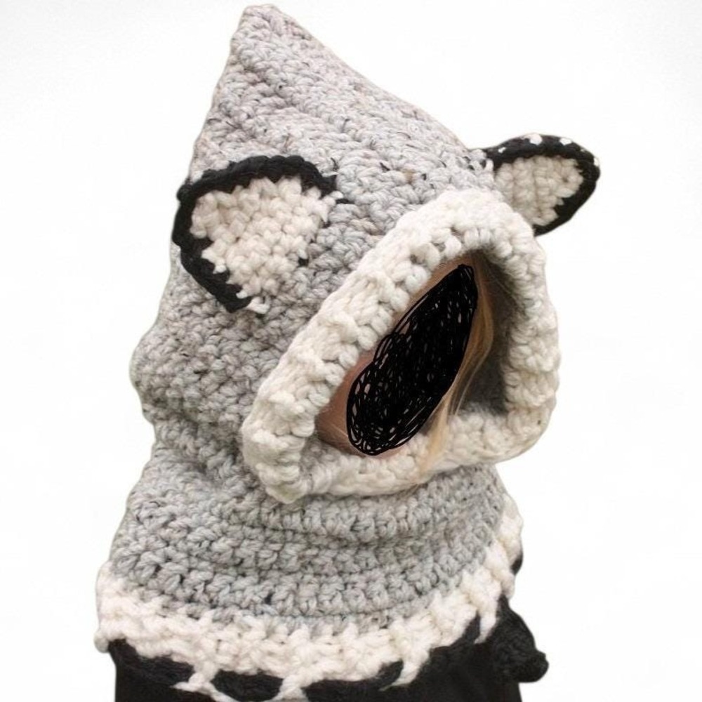 Handmade Crochet Animal Ear Balaclava Hood Grey White Black Kid Winter Hat Snood